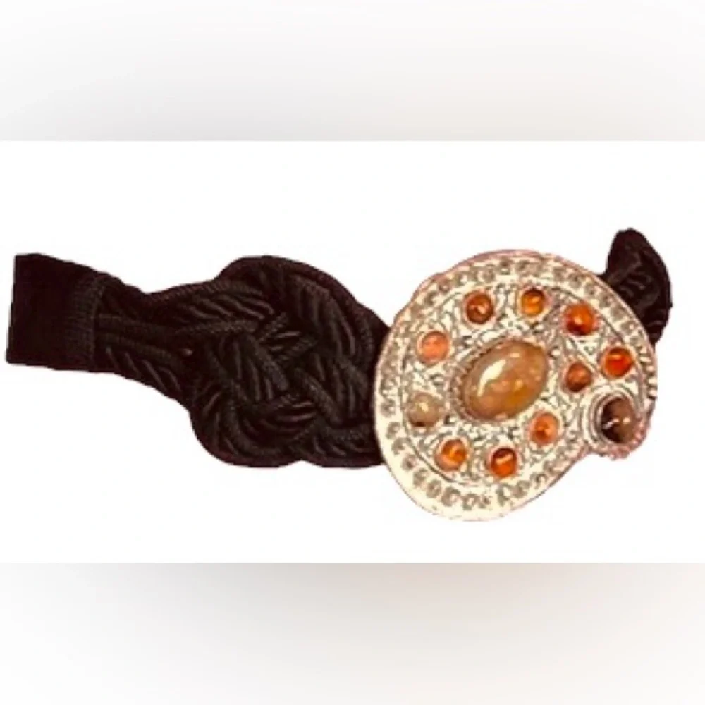 IONE oversized silver paisley buckle with 12 stones, braided cord belt VTG L EUC